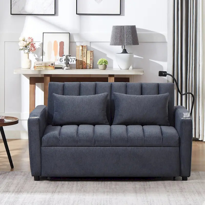 Canapé convertible 2 places bleu-gris / beige / gris