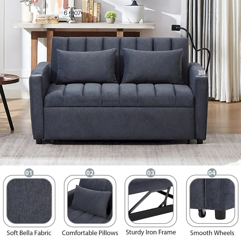 Canapé convertible 2 places bleu-gris / beige / gris