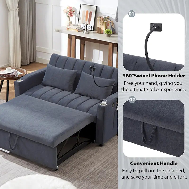 Canapé convertible 2 places bleu-gris / beige / gris
