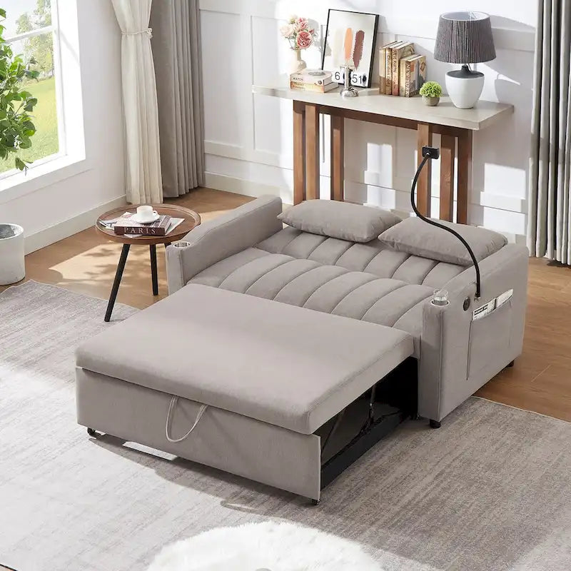 Canapé convertible 2 places bleu-gris / beige / gris