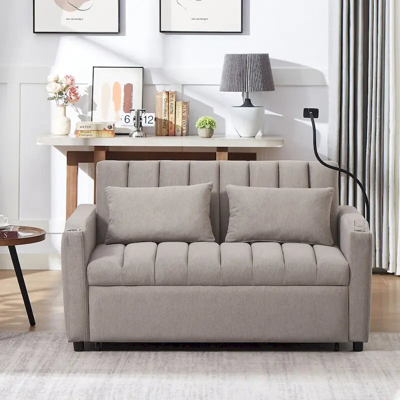 Canapé convertible 2 places bleu-gris / beige / gris