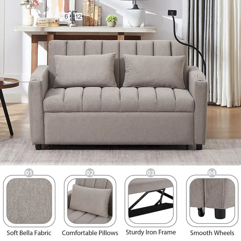 Canapé convertible 2 places bleu-gris / beige / gris