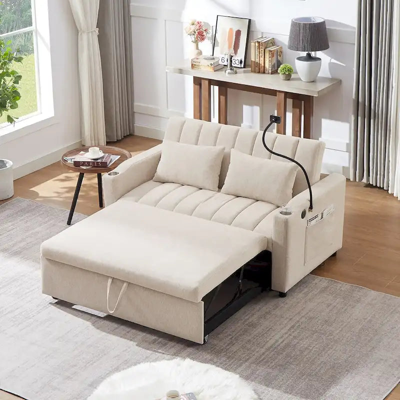 Canapé convertible 2 places bleu-gris / beige / gris