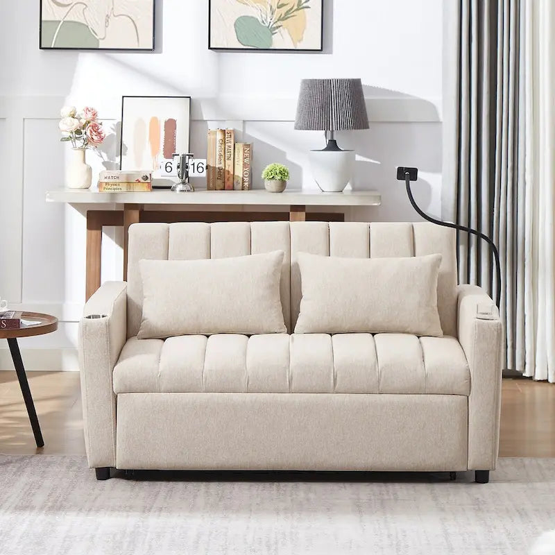 Canapé convertible 2 places bleu-gris / beige / gris