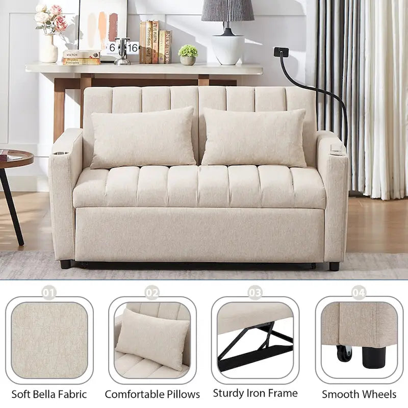 Canapé convertible 2 places bleu-gris / beige / gris