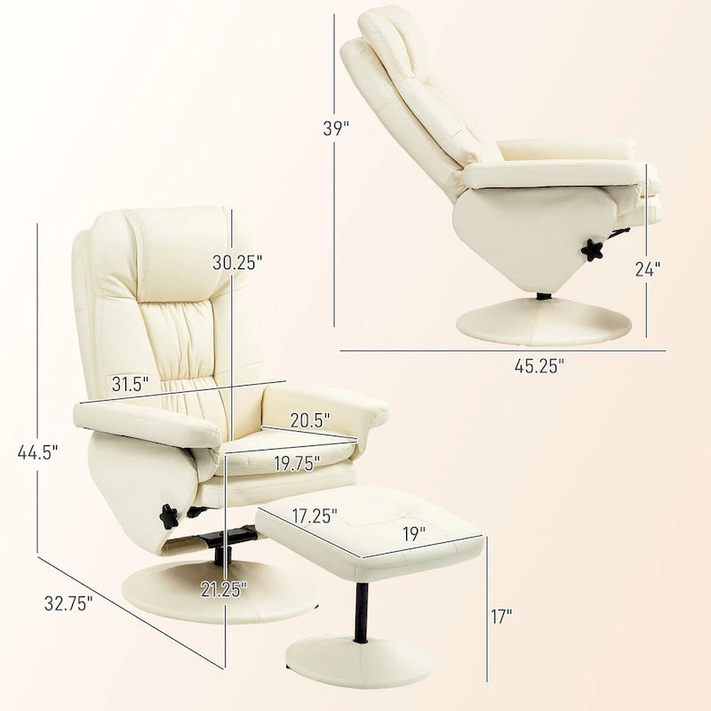 Fauteuil inclinable pivotant blanc crème avec ottoman, 1 place