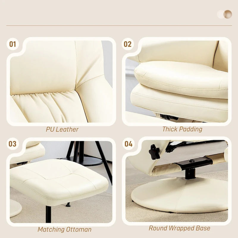 Fauteuil inclinable pivotant blanc crème avec ottoman, 1 place