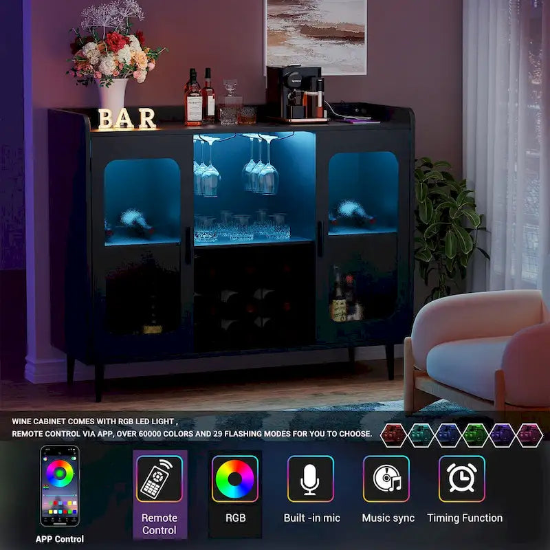 Buffet industriel noir avec casier à vin et lumières LED