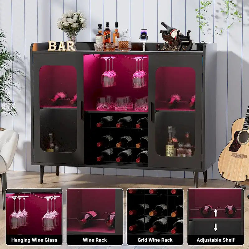Buffet industriel noir avec casier à vin et lumières LED