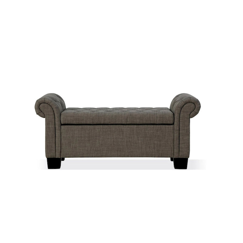 Banc de rangement capitonné gris, accoudoirs roulés, lin polyester, 2 places