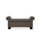 Banc de rangement capitonné gris, accoudoirs roulés, lin polyester, 2 places