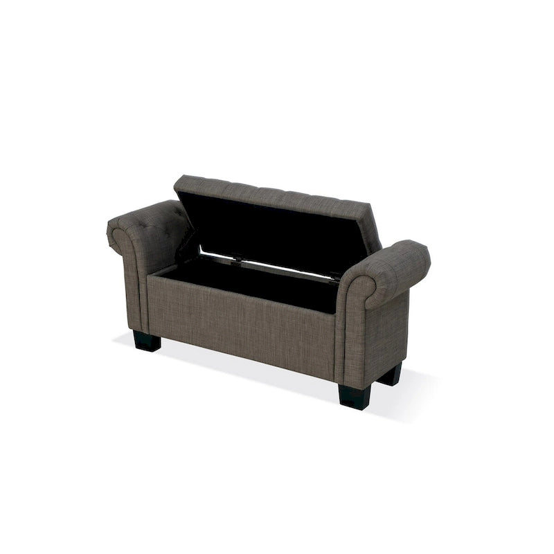 Banc de rangement capitonné gris, accoudoirs roulés, lin polyester, 2 places