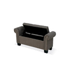 Banc de rangement capitonné gris, accoudoirs roulés, lin polyester, 2 places