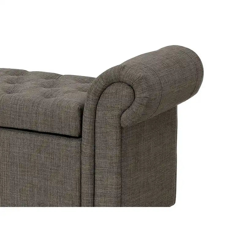 Banc de rangement capitonné gris, accoudoirs roulés, lin polyester, 2 places