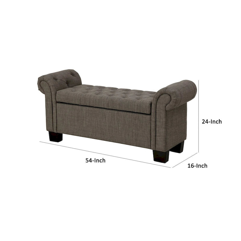 Banc de rangement capitonné gris, accoudoirs roulés, lin polyester, 2 places