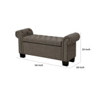 Banc de rangement capitonné gris, accoudoirs roulés, lin polyester, 2 places