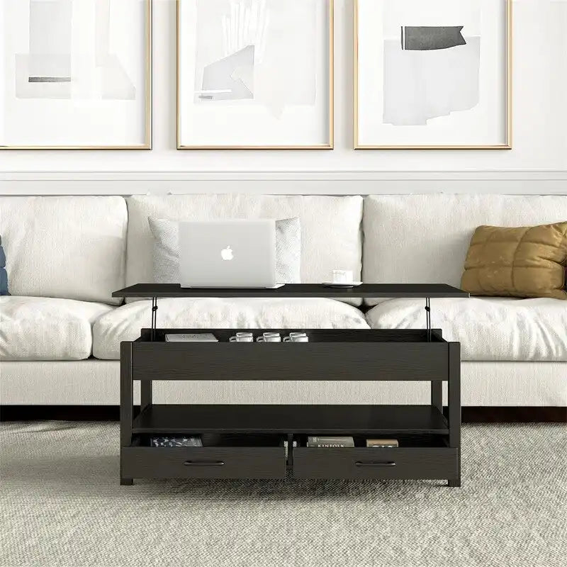Table basse relevable avec rangement noire et blanche — 2 personnes
