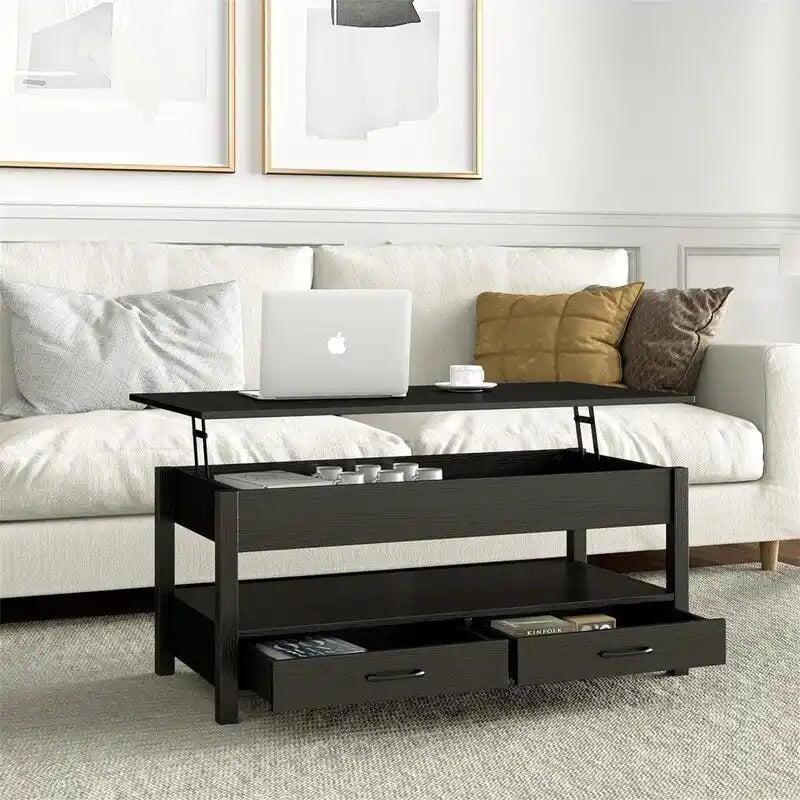 Table basse relevable avec rangement noire et blanche — 2 personnes