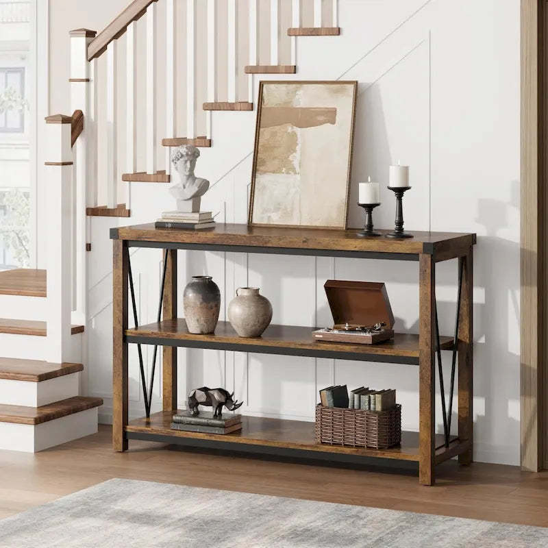 Console rustique à 3 niveaux gris/marron