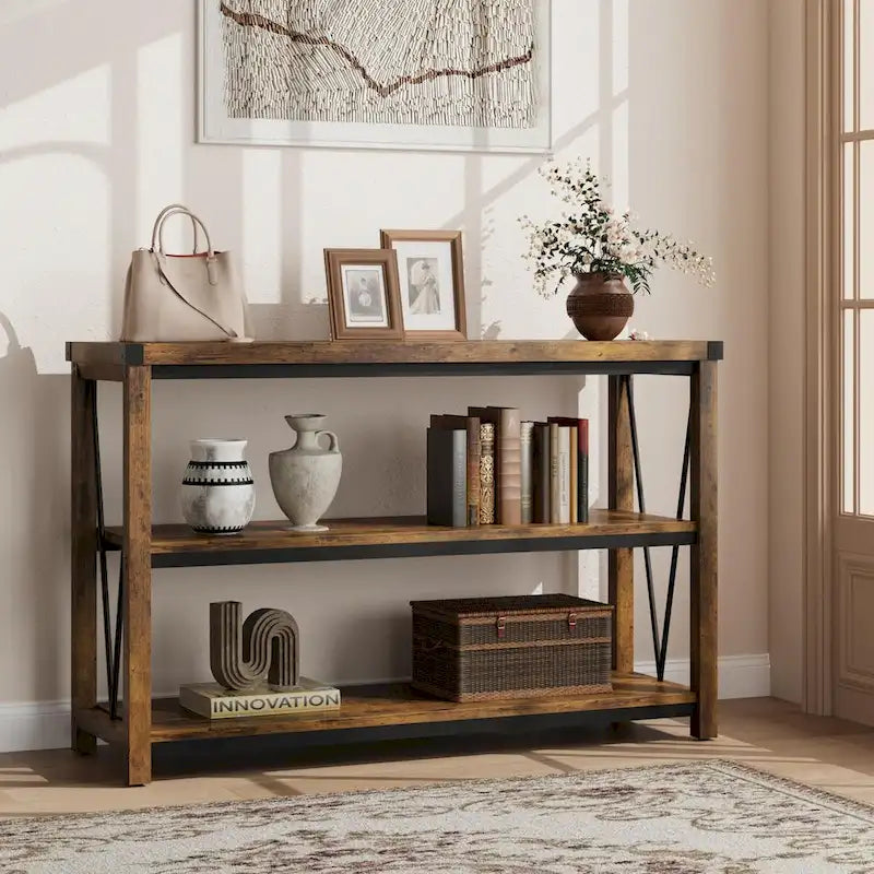 Console rustique à 3 niveaux gris/marron