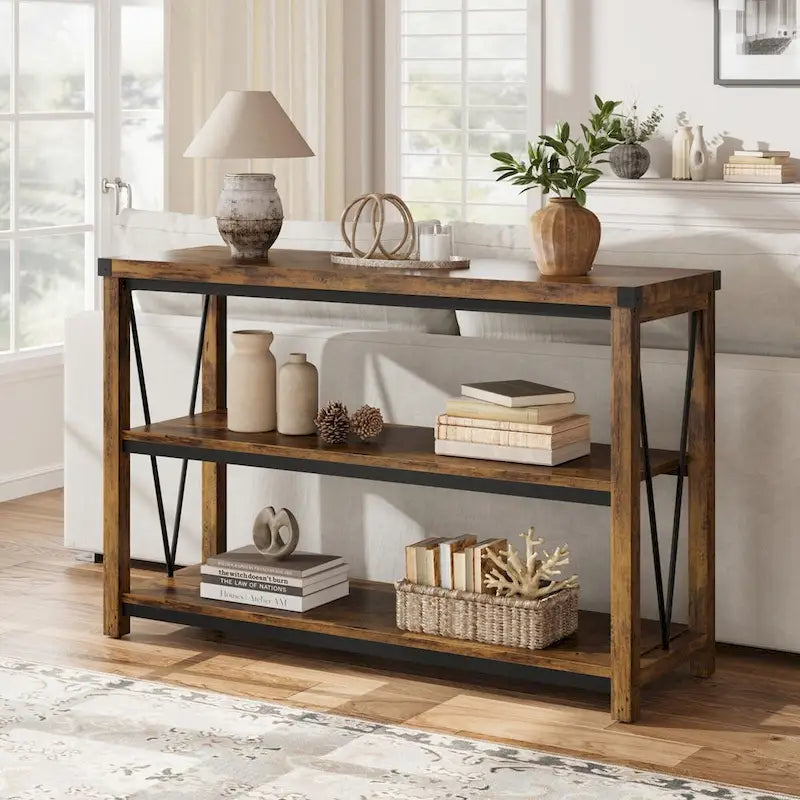 Console rustique à 3 niveaux gris/marron