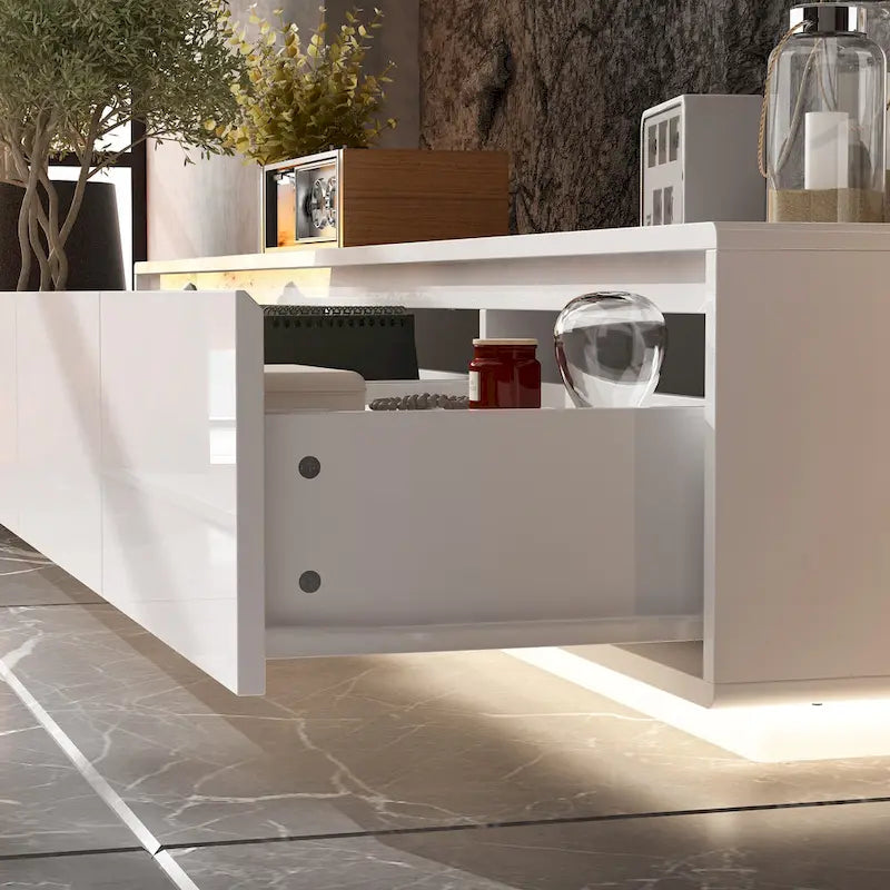 Meuble TV blanc laqué avec éclairage LED — 1 unité