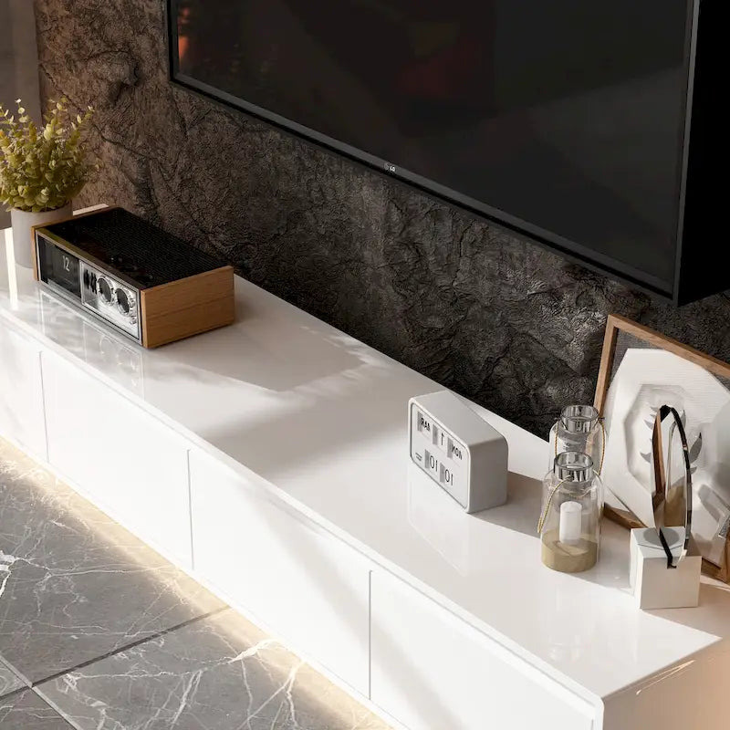 Meuble TV blanc laqué avec éclairage LED — 1 unité
