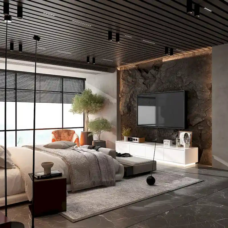 Meuble TV blanc laqué avec éclairage LED — 1 unité