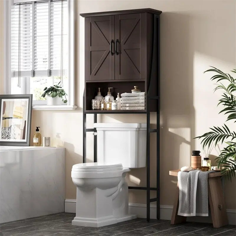Meuble de rangement pour WC, 2 portes, 1 étagère ouverte, Gris / Expresso / Crème, pour 1 personne
