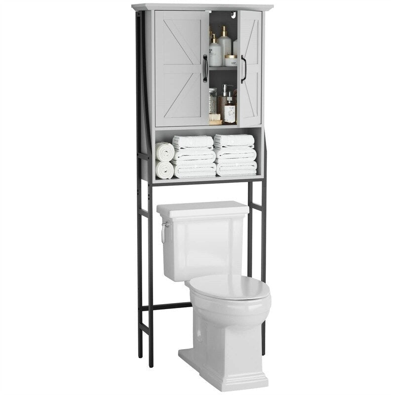 Meuble de rangement pour WC, 2 portes, 1 étagère ouverte, Gris / Expresso / Crème, pour 1 personne