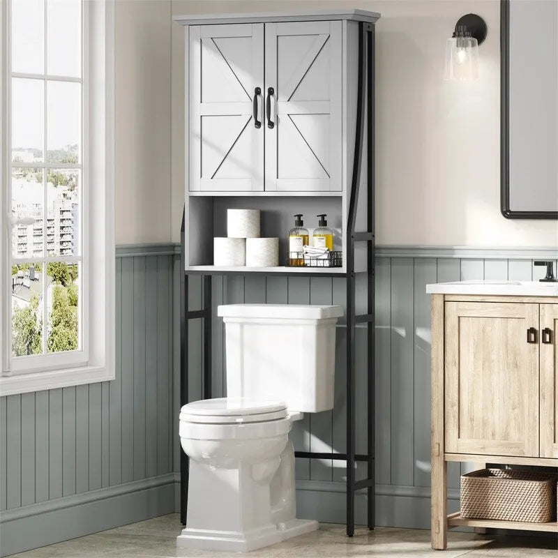 Meuble de rangement pour WC, 2 portes, 1 étagère ouverte, Gris / Expresso / Crème, pour 1 personne