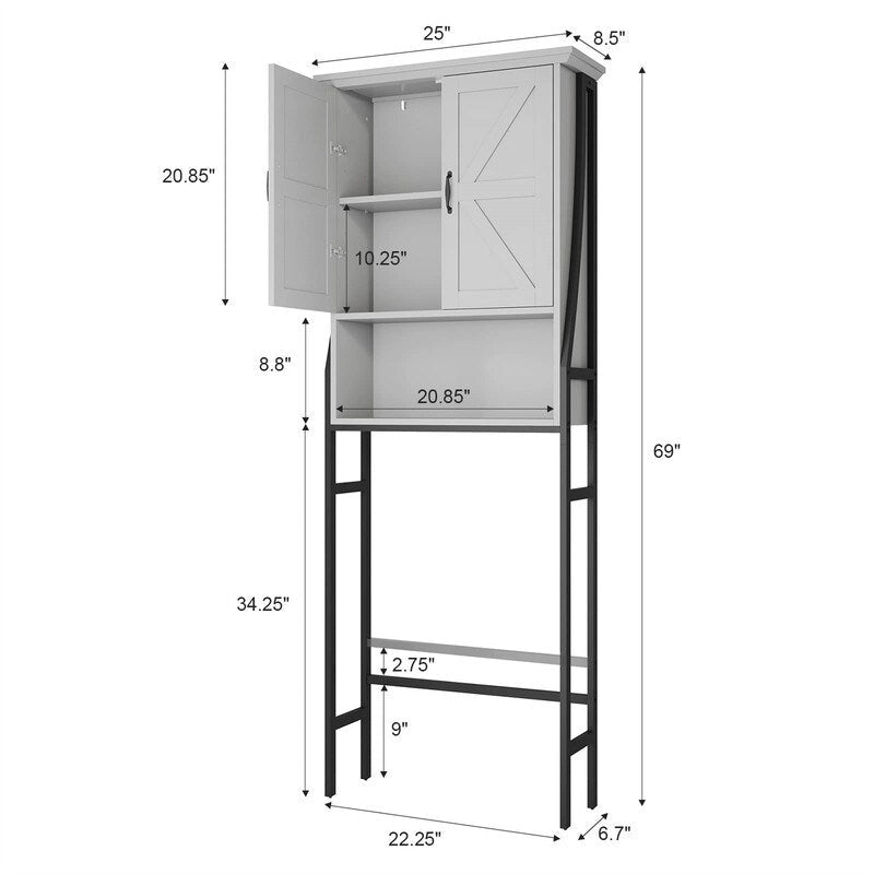 Meuble de rangement pour WC, 2 portes, 1 étagère ouverte, Gris / Expresso / Crème, pour 1 personne