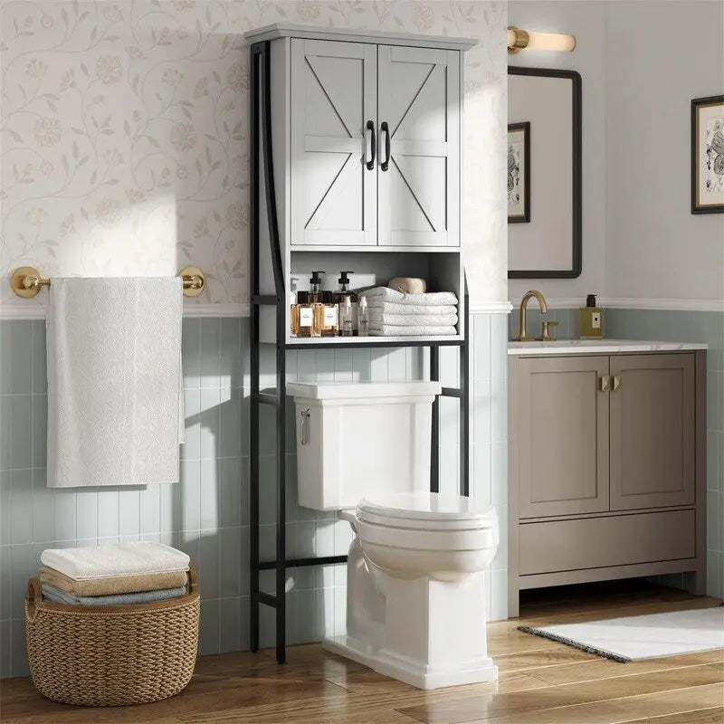 Meuble de rangement pour WC, 2 portes, 1 étagère ouverte, Gris / Expresso / Crème, pour 1 personne