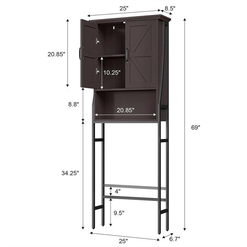 Meuble de rangement pour WC, 2 portes, 1 étagère ouverte, Gris / Expresso / Crème, pour 1 personne