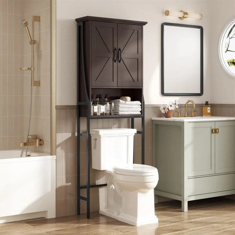 Meuble de rangement pour WC, 2 portes, 1 étagère ouverte, Gris / Expresso / Crème, pour 1 personne