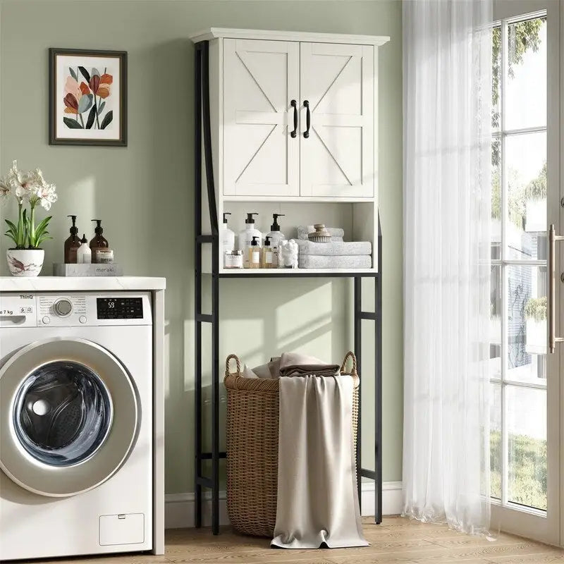 Meuble de rangement pour WC, 2 portes, 1 étagère ouverte, Gris / Expresso / Crème, pour 1 personne