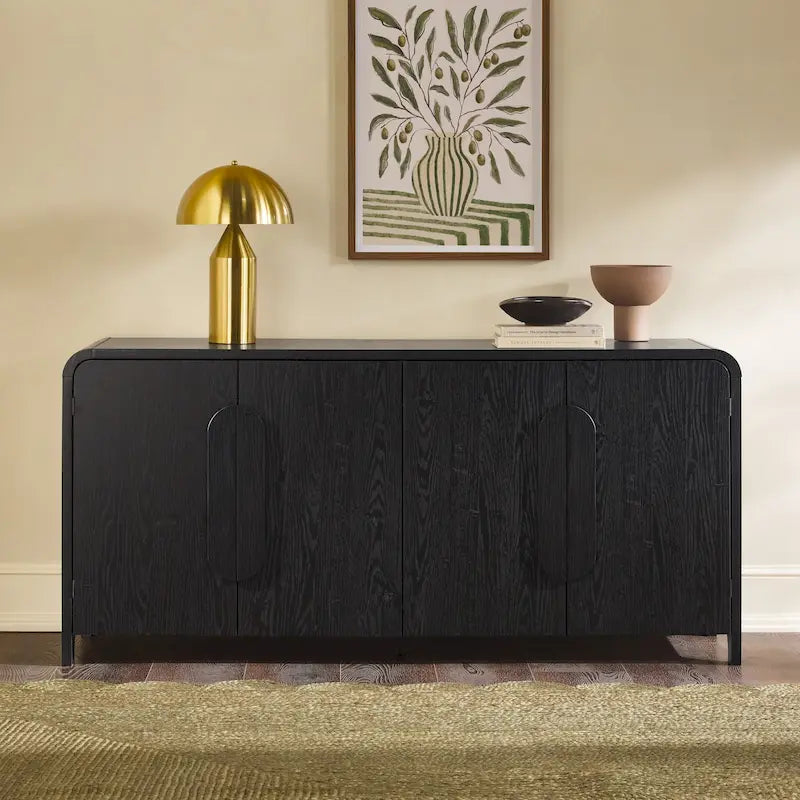 Buffet moderne noir/chêne côtier de 64 po avec bords tombants et poignées en bois