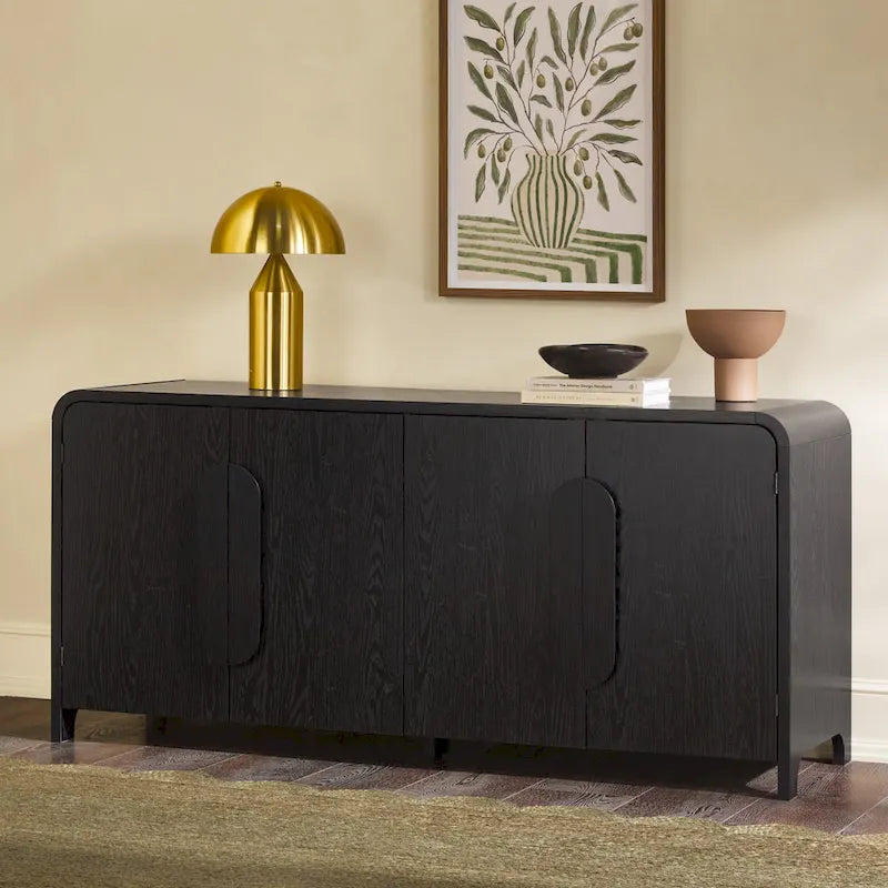 Buffet moderne noir/chêne côtier de 64 po avec bords tombants et poignées en bois