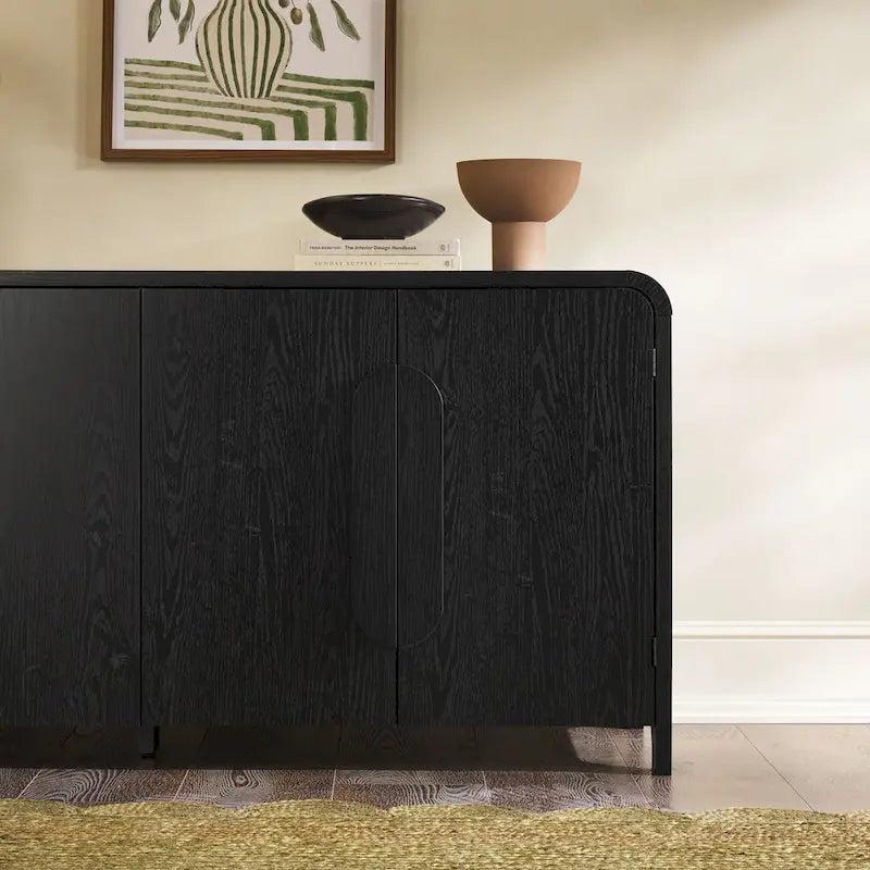 Buffet moderne noir/chêne côtier de 64 po avec bords tombants et poignées en bois