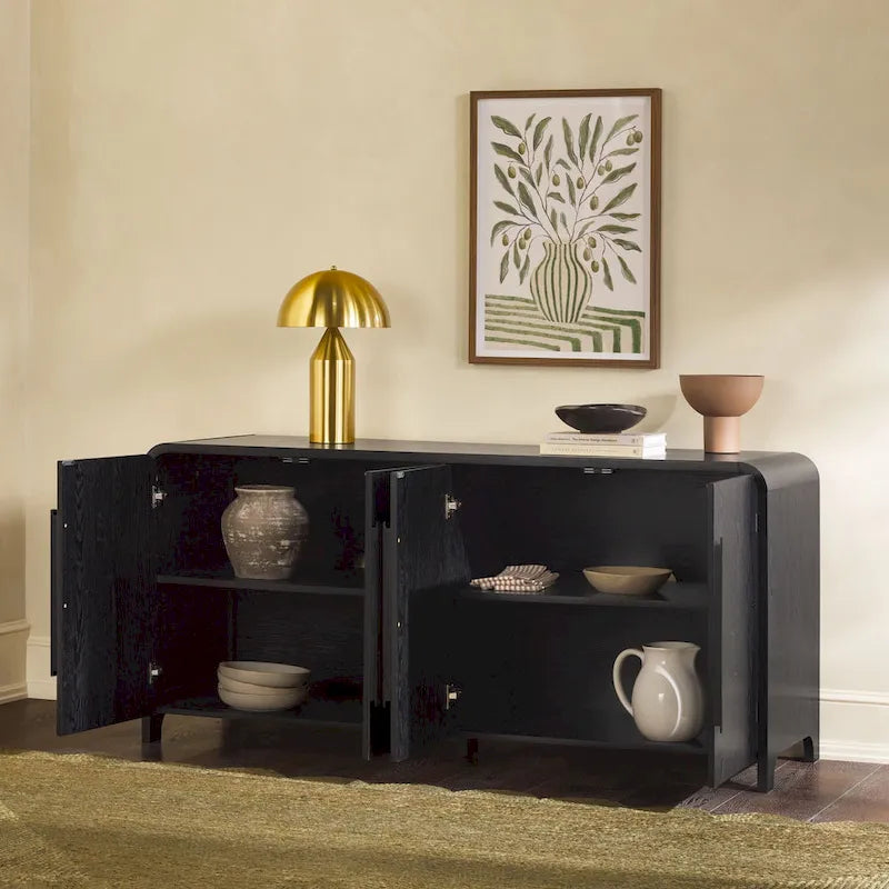 Buffet moderne noir/chêne côtier de 64 po avec bords tombants et poignées en bois